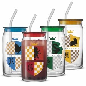 NWOT Harry Potter House Crest Glass Jar Set with Straws